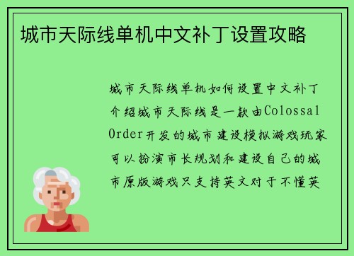 城市天际线单机中文补丁设置攻略